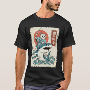 Camiseta Gato Engraçado Montando Tubarão Arte Japonesa Ukiy