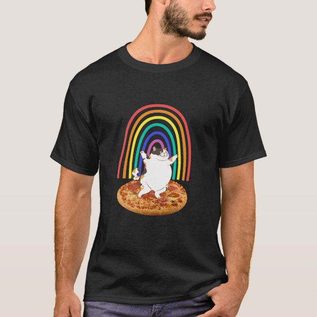 Camiseta Gato engraçado no arco-íris de pizza (Frente)