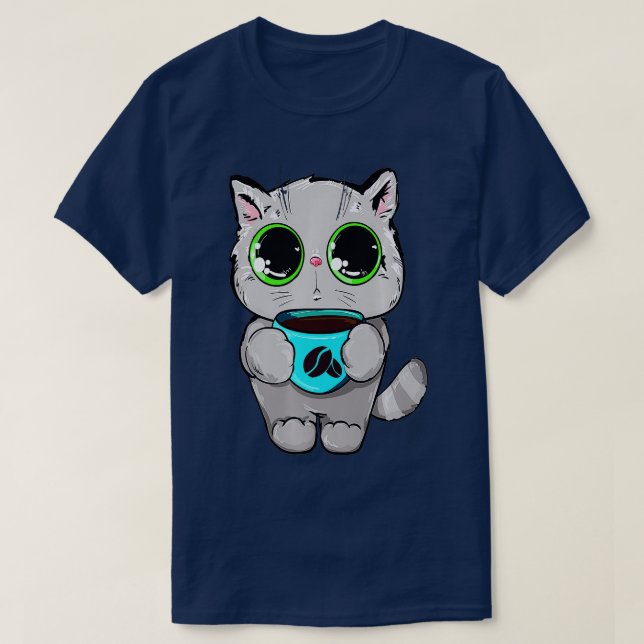 Camiseta Gato engraçado Olhos Verdes Bebem Café Café No Ani (Frente do Design)