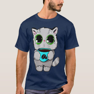 Camiseta Gato engraçado Olhos Verdes Bebem Café Café No Ani