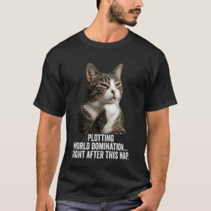 Camiseta Gato Engraçado Pensando - Planejando Dominação Mun