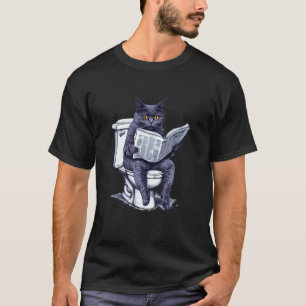 Camiseta Gato Engraçado Preto Lendo Jornal Humor de Banheir
