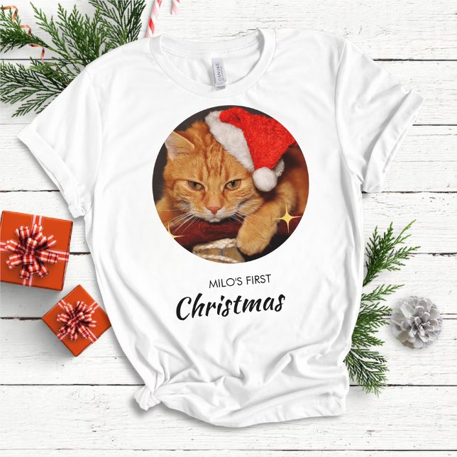 Camiseta Gato Engraçado Primeiro Natal Personalizado Foto d (Criador carregado)