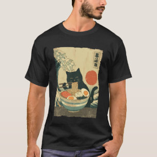 Camiseta Gato Engraçado Ramen Grande Onda de Kanagawa Arte