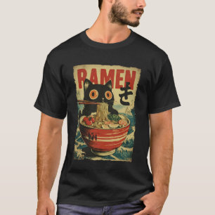 Camiseta Gato Engraçado Ramen Grande Onda de Kanagawa Arte