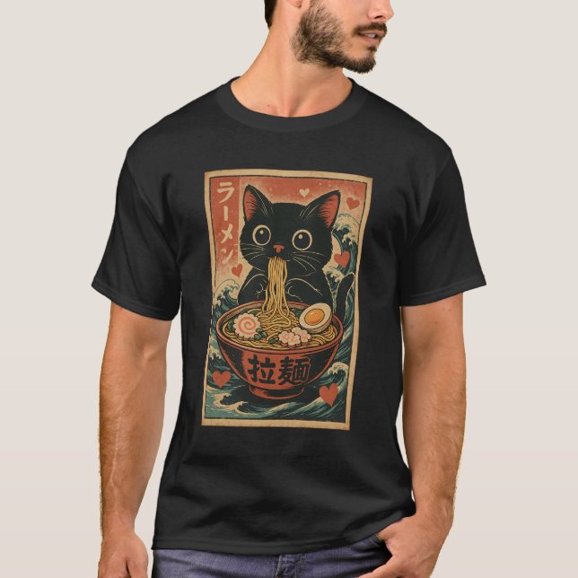 Camiseta Gato Engraçado Ramen Graphic Tee Japonês Anime Kaw (Frente)
