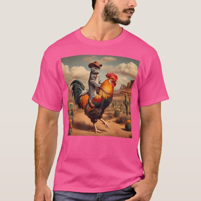 Camiseta Gato Engraçado Rooster Cowboy Rodeo Cat Ring C (Frente)