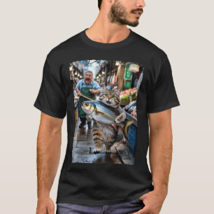 Camiseta Gato Engraçado Roubando Peixe no Mercado Catlover
