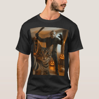 Camiseta Gato Engraçado Selfie Com Esqueleto Assustador Hal