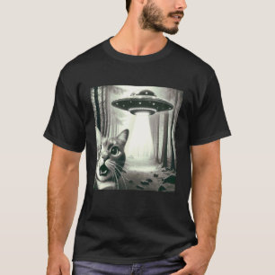 Camiseta Gato Engraçado Selfie Com Gráfico de OVNI Alien Ho
