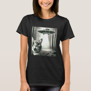 Camiseta Gato Engraçado Selfie Com Gráfico de OVNI Alien Ho