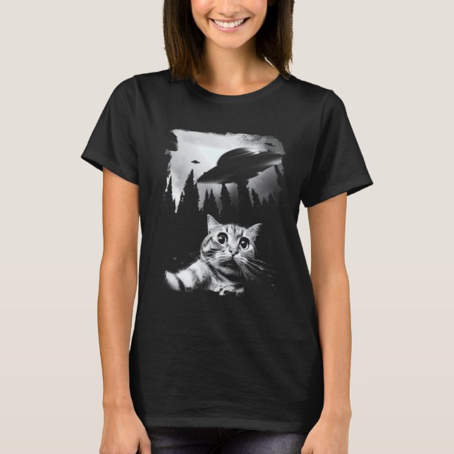 Camiseta Gato engraçado selfie com OVNIs (Frente)