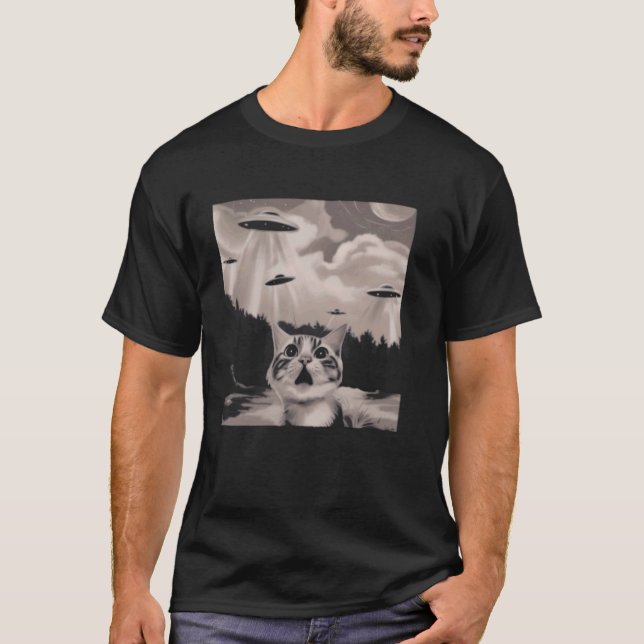 Camiseta Gato engraçado selfie com OVNIs (Frente)
