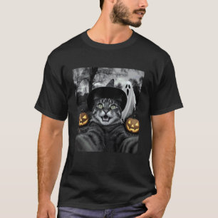 Camiseta Gato Engraçado Selfie com uma Bruxa & Fantasma Ass