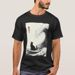 Camiseta Gato Engraçado Surfando A Grande Onda Japonês Ukiy