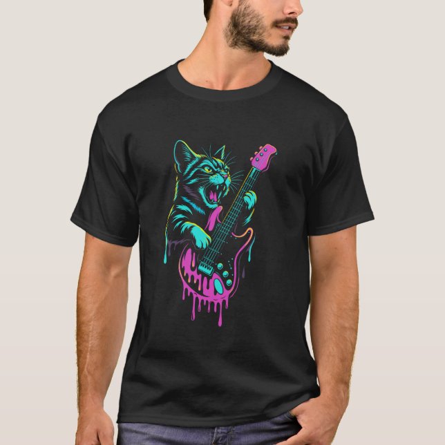 Camiseta Gato Engraçado Tocando Guitarra Rock and Roll Drip (Frente)
