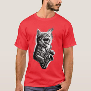 Camiseta Gato Engraçado Tocando Jazz de Saofone Músico Saop