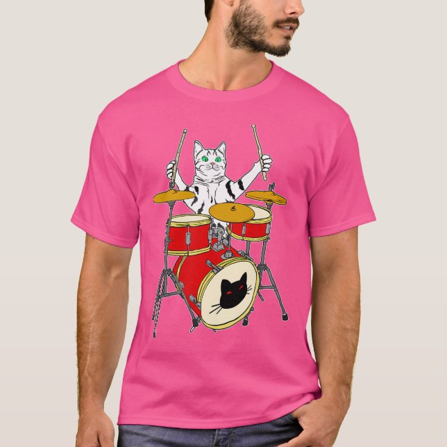 Camiseta Gato Engraçado Tocando Tambor Kit (Frente)