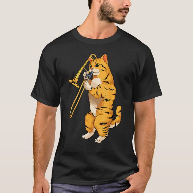 Camiseta Gato Engraçado Tocando Trombone Presente Gatinho L (Frente)