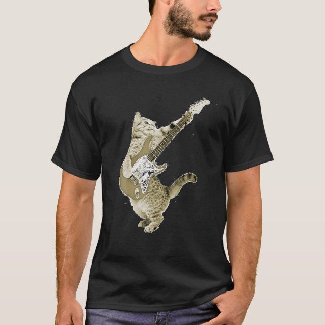Camiseta Gato Engraçado Tocando Violão Amantes Kitty Guitar (Frente)