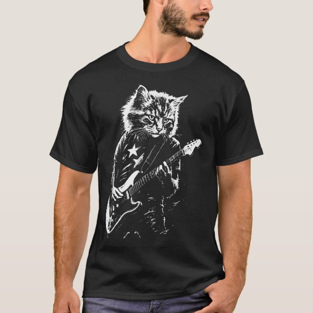 Camiseta Gato Engraçado Tocando Violão Para Homens Música P (Frente)