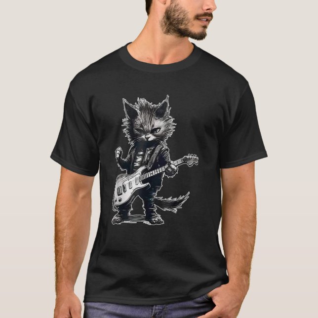 Camiseta Gato Engraçado Tocando Violão Violão Roqueiro Pesa (Frente)