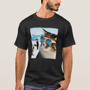 Camiseta Gato Engraçado Usando Óculos de Sol Com Pinguins n