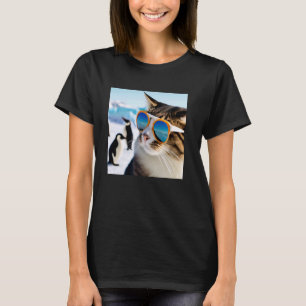 Camiseta Gato Engraçado Usando Óculos de Sol Com Pinguins n