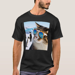 Camiseta Gato Engraçado Usando Óculos de Sol Com Pinguins n