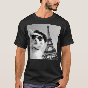 Camiseta Gato Engraçado Usando Óculos de Sol na Torre Eiffe