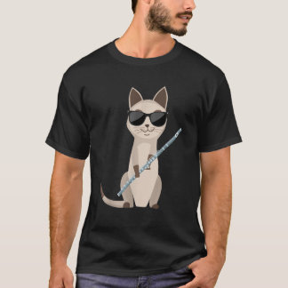 Camiseta Gato Engraçado Usando Óculos de Sol Tocando Flauta