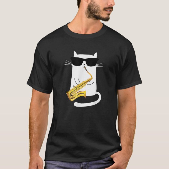 Camiseta Gato Engraçado Usando Óculos de Sol Tocando Saxofo (Frente)