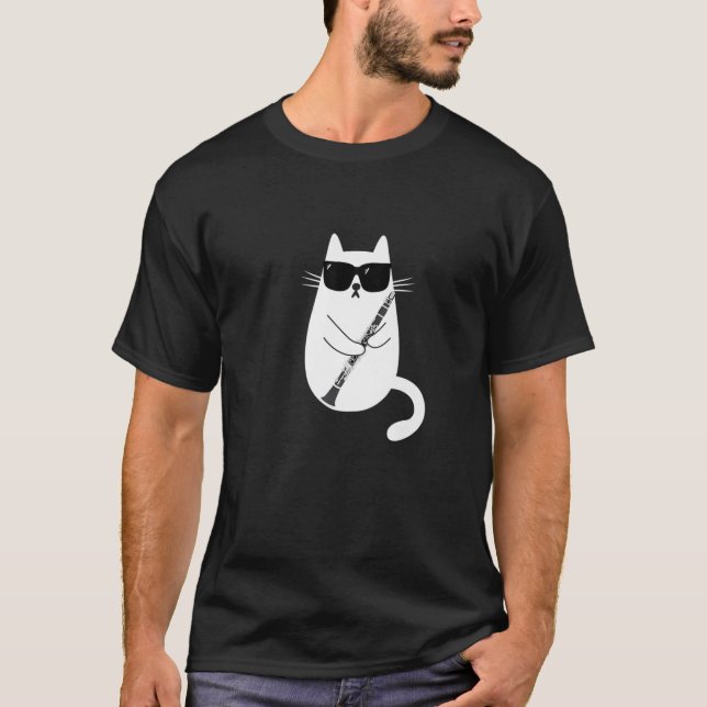 Camiseta Gato Engraçado Vestindo Óculos De Sol Jogando Clar (Frente)