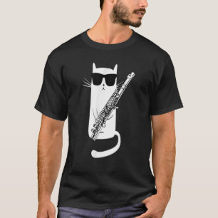 Camiseta Gato Engraçado Vestindo Óculos De Sol Tocando Flut