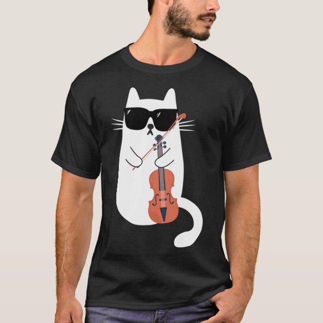Camiseta Gato Engraçado Vestindo Óculos De Sol Tocando Viol (Frente)
