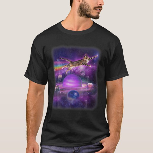Camiseta Gato Engraçado Voando No Espaço No Arco-Íris De Ga (Frente)