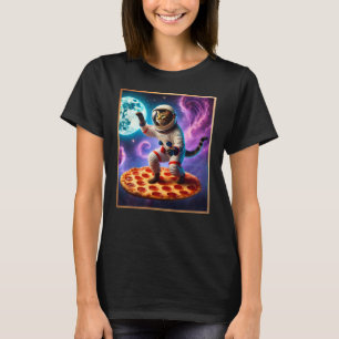 Camiseta Gato Engraçado Voando Uma Pizza Astronauta Espaço