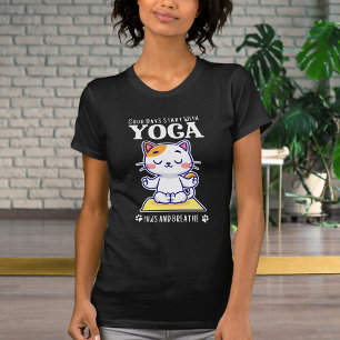 Camiseta Gato Engraçado Yoga Bons Dias Começa Com Yoga