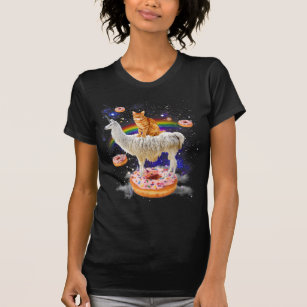 Camiseta Gato espacial cavalgando lama e rosquinha galáxia 