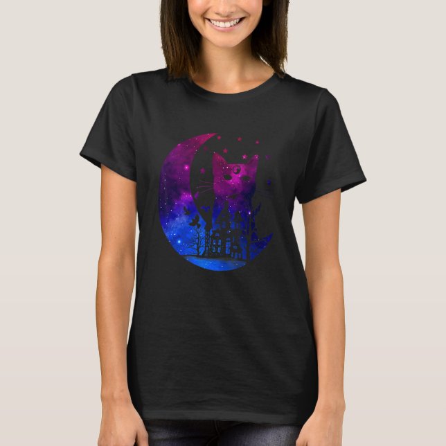 Camiseta Gato Espacial Com Bandeira Bissexual Da Lua Orgulh (Frente)
