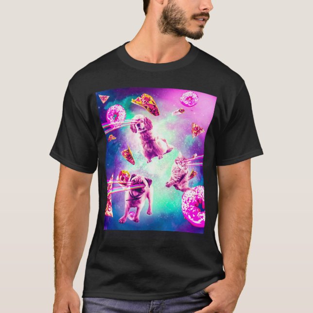 Camiseta Gato Espacial com Olhos de Laser e Pug de Cachorro (Frente)