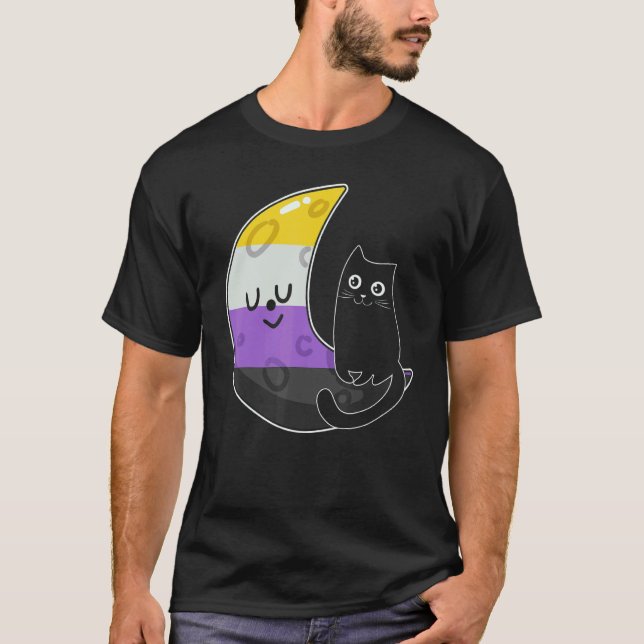 Camiseta Gato Espacial da Lua Não Binário Orgulho Lgbt Com  (Frente)