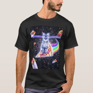 Camiseta Gato Espacial de Olhos Laser Passeando Pizza Arco-