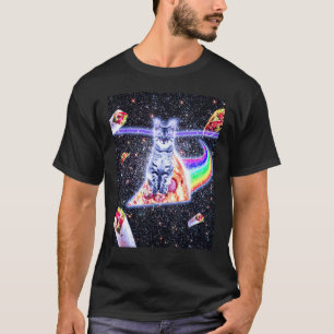 Camiseta Gato Espacial de Olhos Laser Passeando Pizza Arco-