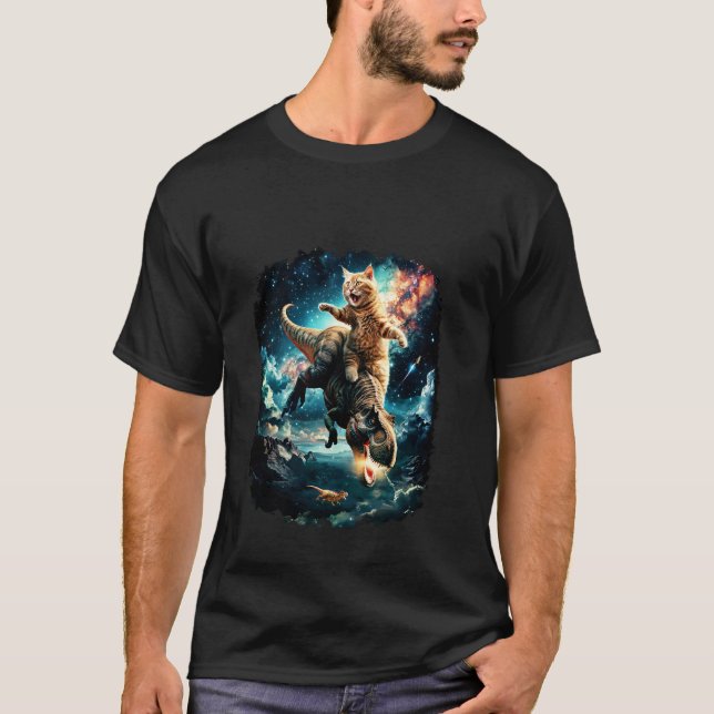 Camiseta Gato Espacial Montando Dinossauro T Rex (Frente)