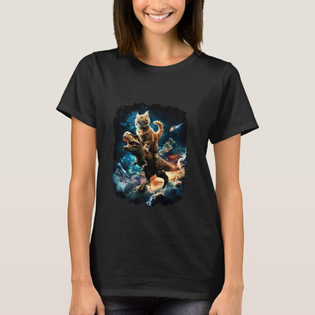 Camiseta Gato Espacial Montando Dinossauro T Rex 1 (Frente)