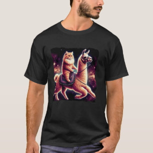 Camiseta Gato Espacial Montando Lhama Cósmo Laranja Gengibr
