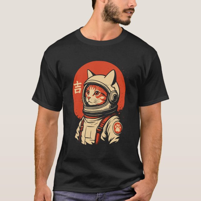 Camiseta Gato Espacial Retro de Terno Sinal de Boa Sorte Ja (Frente)