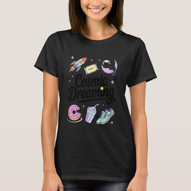 Camiseta Gato Espacial Sonhando Cosmico Foguete Lua Estrela (Frente)