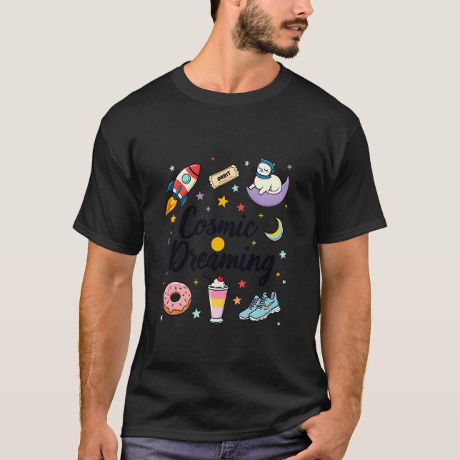 Camiseta Gato Espacial Sonhando Cosmico Foguete Lua Estrela (Frente)
